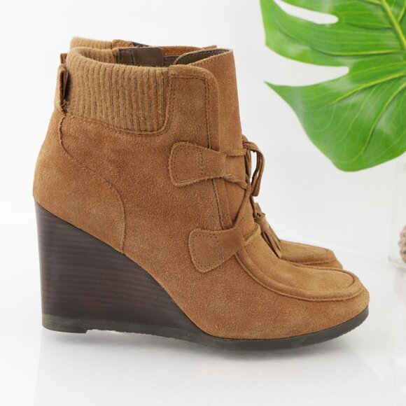 Franco Sarto Womens Westerly Boot Size 9.5 Camel Tan Suede Wedge Lace Up Booties - Picture 3 of 12